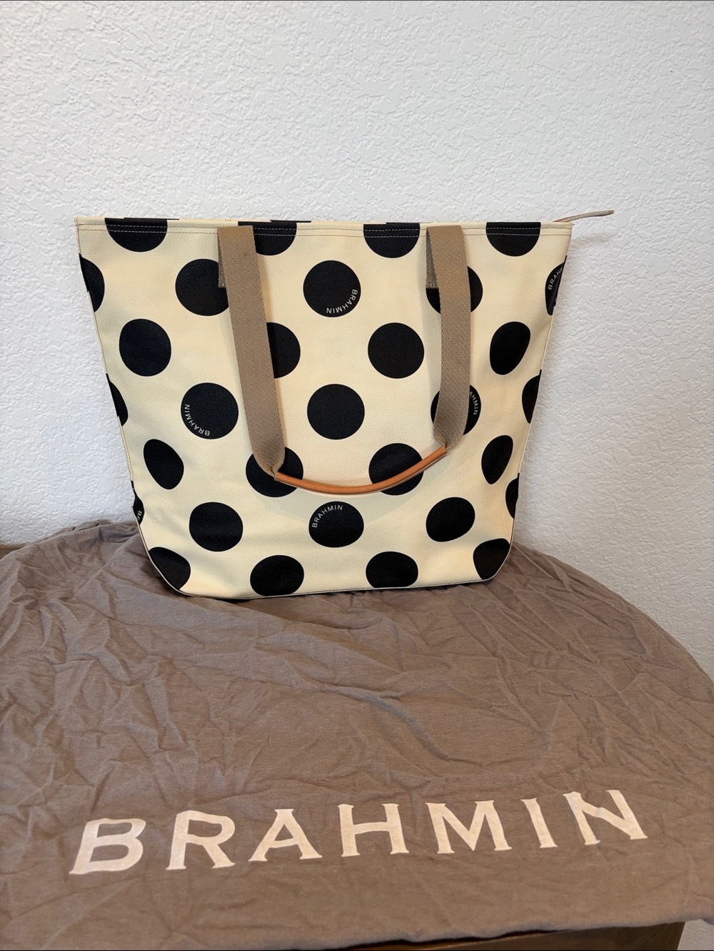 Brahmin Cream and Black Polka Dot Large Tote with Tan Straps - Picture 1 of 10
